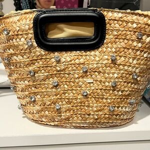Rhinestone Embellished Mini Straw-Woven Bucket Basket Clutch/Crossbody Bag